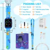 A flat lay image showing the contents of a kids' smartwatch box, including the watch, charging cable, lanyard, and manual. Produktbild-Vorschau