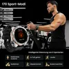A man is using an elliptical machine while wearing a smartwatch. The image also displays various fitness metrics and icons representing different sports modes. Produktbild-Vorschau