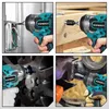 Collage of four images showing an electric impact wrench being used in different scenarios: screwing into an electrical box, fastening a bolt into wood, removing a lug nut from a car wheel, and tightening a bolt on machinery. Produktbild-Vorschau