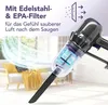 A vacuum cleaner is shown in a living room setting, with text highlighting its features. Produktbild-Vorschau