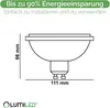 A technical drawing of a light bulb with dimensions and marketing text. Produktbild-Vorschau