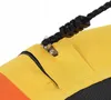 Close-up of the attachment point of a round nest swing, showing the yellow fabric and a black rope with plastic connectors. Produktbild-Vorschau