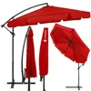 A red cantilever umbrella is shown in various states: fully open, folded, and with its cover. The image is set against a white background. Anteprima dell’immagine prodotto