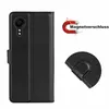 A black leather wallet case for a smartphone is shown, with a close-up of the magnetic closure and a graphic indicating magnetic closure. Produktbild-Vorschau