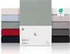 A stack of folded fitted sheets in various colors, with a product box in the foreground. Produktbild-Vorschau