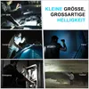 Collage of images showing a flashlight being used in various scenarios: car repair, camping, security patrol, emergency electrical work, and outdoor exploration. Produktbild-Vorschau