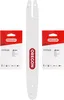 A white chainsaw bar is displayed vertically in the center, flanked by two red and white product boxes. Voir les images du produit
