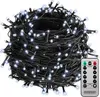 A coiled string of white LED lights with a black wire, shown with a remote control. Produktbild-Vorschau