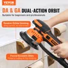 A hand holding an orange and black orbital sander, demonstrating its use on a piece of wood. Náhled obrázku produktu
