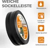 A roll of black flexible skirting board is shown, with feature icons and text on the right side. Produktbild-Vorschau