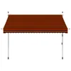 A retractable awning with orange and brown stripes, supported by silver poles. Produktbild-Vorschau