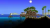 A pixelated scene of a stilt house on a tropical island with a small boat in the water. Náhled obrázku produktu