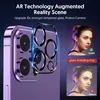 A close-up of a phone camera lens protector with marketing text and images of people. Produktbild-Vorschau
