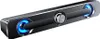A black computer soundbar with blue LED lights and a silver volume knob, presented on a white background. Produktbild-Vorschau