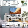 A collage of images showcasing a white TV stand with various storage configurations and decorative items, along with smaller images of electronics and books. Náhled obrázku produktu