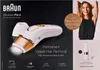 The image is a collage featuring a Braun Silk-expert Pro 5 IPL hair removal system. It shows the product itself with a golden accent, its accessories, and a smiling woman in the background. Text highlights features like "Skin Pro 2.0" and "Permanent Visibl Produktbild-Vorschau