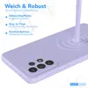A close-up of a purple phone case with text overlays describing its features. Produktbild-Vorschau