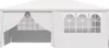 A white party tent with arched windows and draped side panels. Voir les images du produit