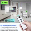 A hand holding a remote control in a modern living room, with diagrams illustrating the product's wireless control capabilities. Produktbild-Vorschau