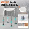 A white shower stool with adjustable legs is shown on a light gray tiled floor. Text overlays highlight features like non-slip properties, textured seat, and rubber feet. Produktbild-Vorschau
