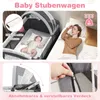 A collage of images showing a baby bed, a sleeping baby, a sleeping woman, and close-ups of the baby bed's features. Anteprima dell’immagine prodotto