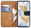 A book-style phone case with a phone inserted, showing cards and banknotes in the wallet section. Produktbild-Vorschau