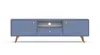 A blue TV stand with wooden legs against a white background. Produktbild-Vorschau