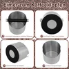 A collage of four images showcasing a stainless steel coffee knock box from different angles, with text descriptions in German. Produktbild-Vorschau