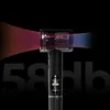 A close-up, cutaway view of a black hairdryer, with red and blue air currents emanating from it, against a black background. Large gray numbers '58db' are superimposed on the image. Voir les images du produit
