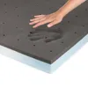 A hand pressing into a dark gray foam mattress topper with small holes, revealing a lighter blue foam layer underneath. Podgląd zdjęcia produktu