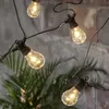 A string of party lights with clear bulbs hangs in front of a brick wall and some greenery. Podgląd zdjęcia produktu