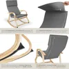 A collage of four images showcasing a gray rocking chair with a wooden frame, highlighting its features and materials. Náhled obrázku produktu