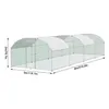 A 3D rendering of a large, arched chicken coop with a white roof and green mesh sides, showing dimensions. Náhled obrázku produktu