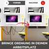 A split image showing a messy desk setup before and an organized desk setup after using a cable management system. Produktbild-Vorschau