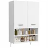 A white bathroom wall cabinet with two doors and open shelves below, filled with various bottles and containers. Náhled obrázku produktu