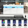A white sideboard with blue LED lighting, shown with app interface examples below. Produktbild-Vorschau