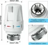 A product image showing a radiator thermostat with dimensions and connection specifications. Produktbild-Vorschau