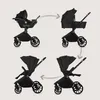 A collage showing four different configurations of a black baby stroller. Voir les images du produit