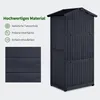 A dark gray wooden garden shed is shown with text highlighting its material features. Produktbild-Vorschau