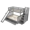 A gray wooden bunk bed with a slide and stairs, shown against a white background. Produktbild-Vorschau