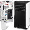 The image shows the packaging of a Clatronic mobile air conditioner, along with the product itself and its remote control. Produktbild-Vorschau
