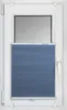 A white framed window with a blue pleated blind partially covering the lower section. Produktbild-Vorschau