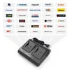 A black dual battery charger is shown in the foreground, with a collage of brand logos in the background. Produktbild-Vorschau