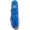 A close-up, top-down view of a blue transparent Victorinox Swiss Army knife. Produktbild-Vorschau