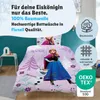 A bed with Disney Frozen themed bedding, featuring Anna and Olaf, with promotional text and icons. Produktbild-Vorschau