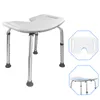 A white adjustable shower stool with silver legs, shown from a slightly elevated front-left angle. Inset images show a close-up of the seat and a side view of the stool. Produktbild-Vorschau