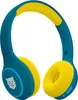 A pair of blue and yellow children's headphones with a tiger graphic on one earcup, isolated on a white background. Produktbild-Vorschau