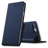 A dark blue flip case for a smartphone is shown from a diagonal angle, with the case open to reveal the phone inside. Produktbild-Vorschau