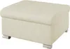 A cream-colored ottoman with a textured fabric and tufted top sits on a white background.