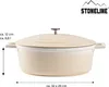 A cream-colored oval cocotte or Dutch oven with a lid, shown from the side. Dimensions are indicated with arrows and text. Produktbild-Vorschau